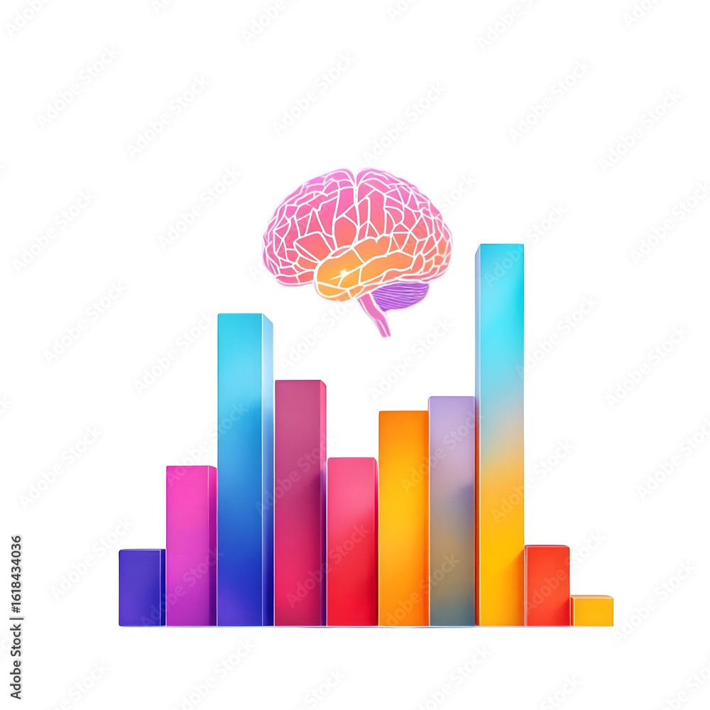 Poster a brain above colorful bar graph representing data analysis on a black background illustration
