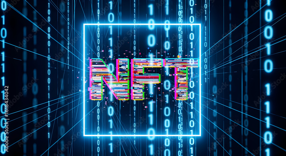 Poster abstract nft crypto art with distorted patterns and binary code in neon blue light futuristic digita