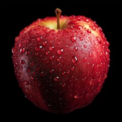 Glossy red apple with water droplets isolated on black velvet background, studio rim lighting highlighting crisp texture and condensation, centered fresh fruit hero shot. 