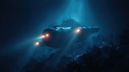 In this deep-sea exploration scene, a high-tech submarine emits a bright searchlight, illuminating a mysterious ancient shipwreck covered in vibrant coral.