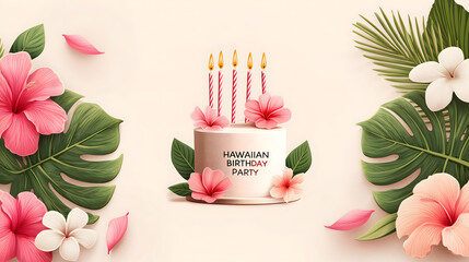 Pink birthday cake with burning candle surrounded by exotic tropical flowers on pastel background, festive dessert concept for celebration, anniversary, party invitation, or holiday design use