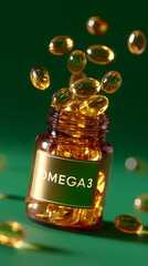 Omega-3 fish oil capsule bottle with golden drops on green background, dietary supplement concept for health, wellness, vitamins, immune system, pharmaceutical or nutrition-related visuals