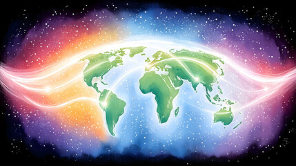 Colorful glowing map of Earth with radiant energy fields and data waves, futuristic global technology concept for connectivity, internet, innovation, communication, AI, and digital networks visuals