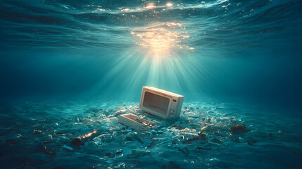 Broken microwave oven lying on polluted ocean floor with floating debris and sunlight above, environmental destruction concept for marine pollution, waste crisis, and underwater garbage awareness
