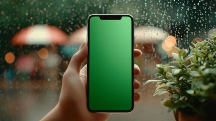 Hand holding green smartphone against blurred cafe background with raindrops, modern technology lifestyle concept for mobile app, social media, communication, and digital interaction visuals