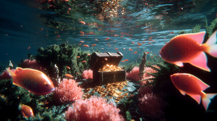 Treasure chest filled with gold coins on coral reef seabed surrounded by colorful tropical fish, underwater fantasy concept for wealth, adventure, pirate treasure, and sunken fortune discovery visuals