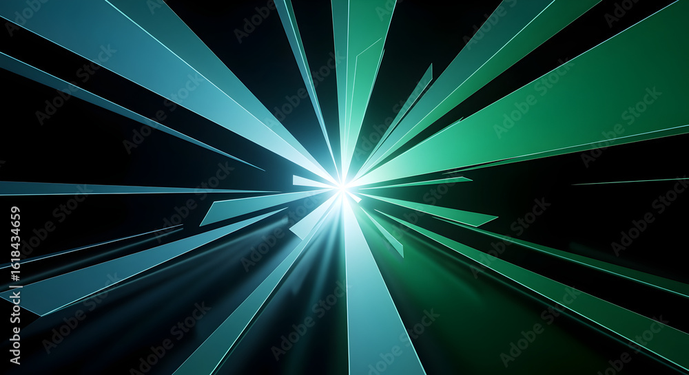Poster abstract radial teal and green lines emanating from a central white light source with a geometric mo
