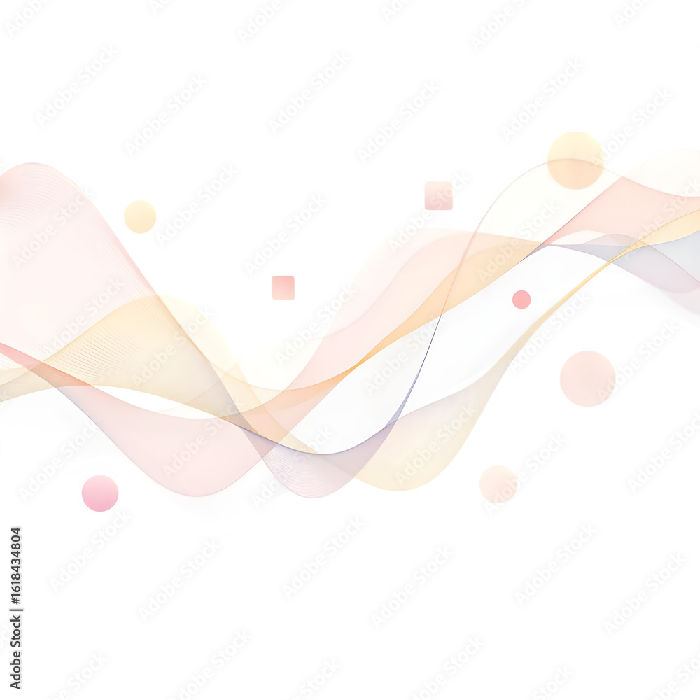 Poster abstract pastel wavy lines with floating shapes on a black background for modern design element