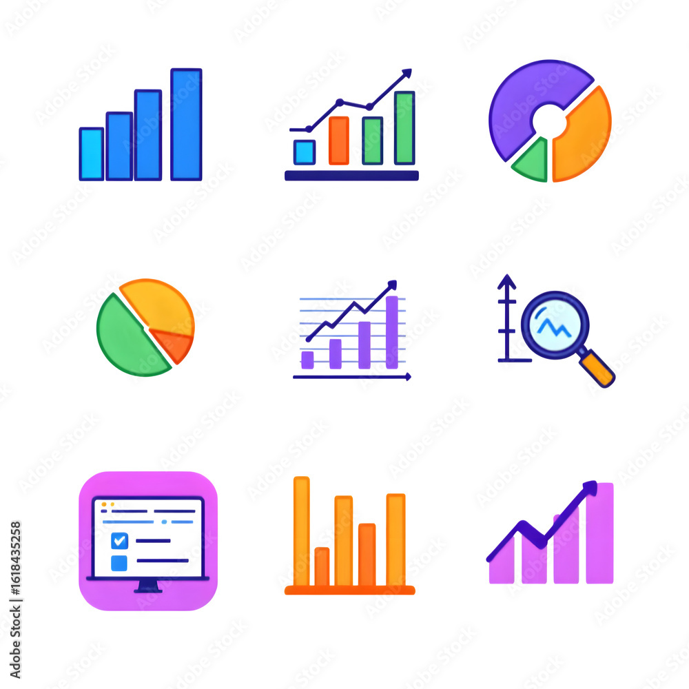 Poster illustration of various colorful data charts including bar graphs pie charts and a computer screen