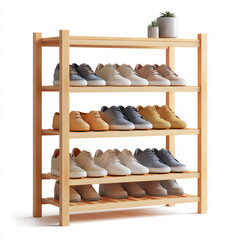 3D shoe rack, wooden shelves, compact entryway furniture, isolated on white background.