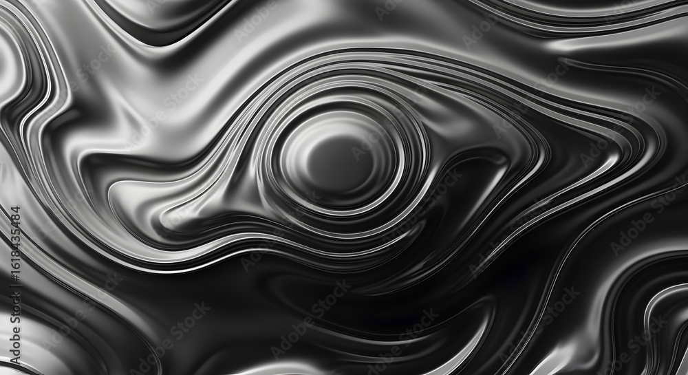 Poster abstract silver metallic liquid texture with concentric circular pattern reflecting light and creati