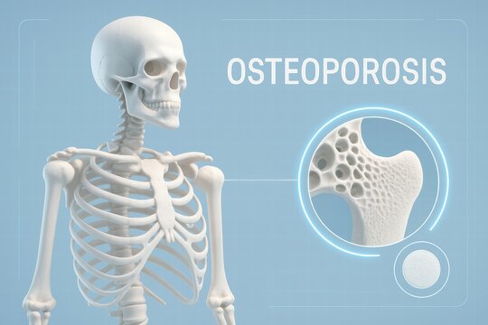 Detailed Anatomical Illustration of a Human Skeleton Highlighting Osteoporosis and Its Effects on Bone Density and Structure