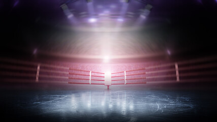 Big ice arena with viewers. Professional stadium. Beautiful empty background. Bright lighting with spotlights. Dynamic sports background. Full tribune. Dark