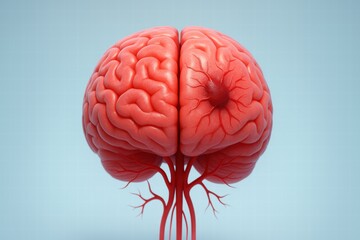 Highly detailed 3D rendering of a human brain with visible arteries and veins, ideal for use in neurology and medical education.
