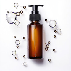 anti-aging facewash bottle next to collagen molecules, clinical style, isolated on white background.