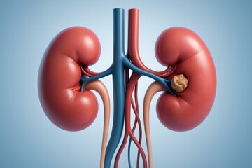 Detailed Illustration of Human Kidneys Showcasing Anatomy, Vascular System, and an Example of Kidney Stone Formation within the Renal Structure