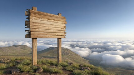 Wooden signpost on a mountain peak above a sea of clouds.