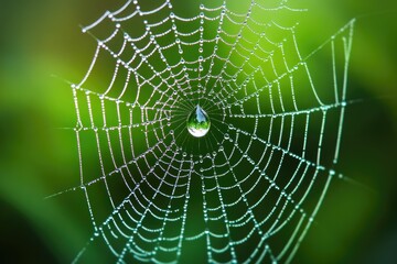 A dewdrop clinging to a spiderweb's intricate design, reflecting the surrounding green landscape.