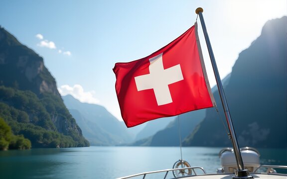 Waving red Swiss flag on the mast of a ship. Boat trip or cruise on lake in Switzerland. Swiss National Day. Travel, vacation and tourism concept. High quality