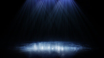 Ice. Winter background. Bright lighting with spotlights. Blue ice floor texture and mist. Snow and ice background. Dark