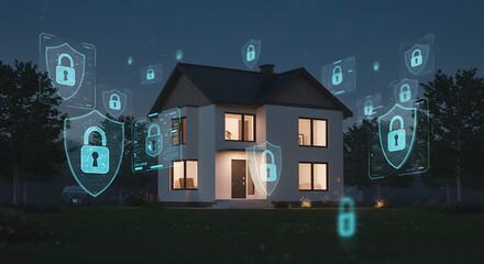 A modern house surrounded by floating digital padlocks and shields, holographic tech elements showing home security systems, futuristic theme