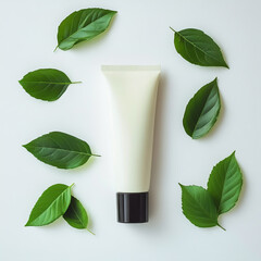 anti-pollution facewash in eco-friendly packaging with leaves around, minimal look on white background.