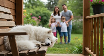 Family dog sleeping on the porch while parents watch children play safely in the yard, calm protective setting with blurred background