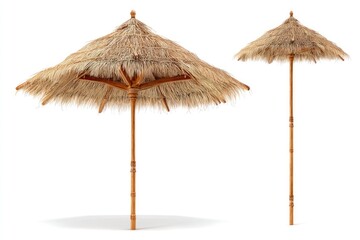 A square wooden outdoor umbrella featuring three tiers of thatched roofing, displayed on a white background without shadows.
