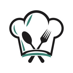 Fototapeta premium Chef Hat Logo with Crossed Spoon and Fork on White Background Keywords: chef hat, cooking, culinary, food, restaurant, kitchen, cuisine, fork