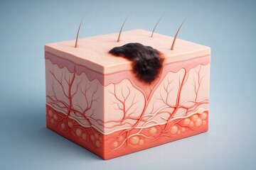 Detailed Representation of Human Skin Structure Highlighting Hair Follicles, Blood Vessels, and the Dermis Layer for Educational Purpose