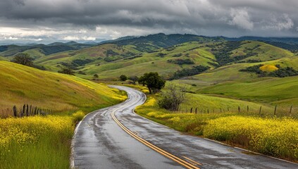 Winding road through hills in spring