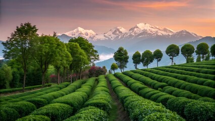 Fototapeta premium Expansive green tea plantation slopes leading to majestic snow capped mountains at sunset