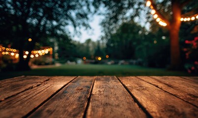 Rustic wooden table outdoors at dusk