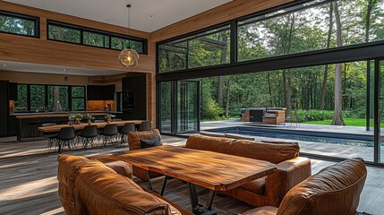 Modern open-plan living area with kitchen, dining, and lounging, seamlessly connected to a pool and forest view