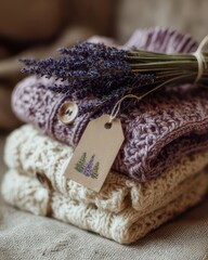 Lavender on folded handmade sweaters with tag promoting sustainable fashion