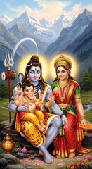 Obraz premium Vertical Mobile HD Wallpaper of Shivji Holding Baby Ganesha with Parvati – Spiritual Himalayan Background