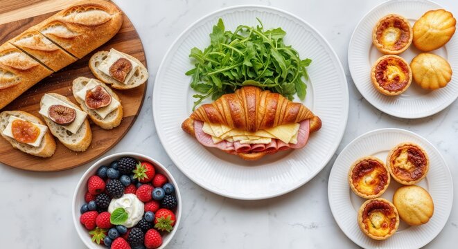 French breakfast with ham and cheese croissant on arugula, baguette with fig and cheese bruschetta, assorted quiches and madeleines, and bowl of fresh berries with cream. 