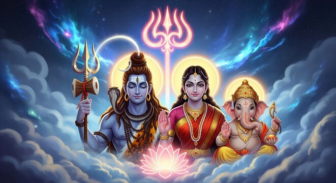 Stylized Shiva, Parvati, and Ganesha with Cosmic Glow &ndash; Ganesh Ji Family Wallpaper HD, Mythological Poster Art