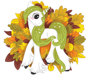 Hand drawn cute autumn unicorn isolated on white background. Design element for greeting cards, t-shirt and other.