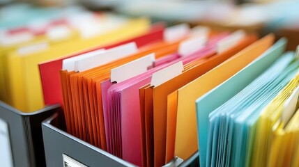 Colorful hanging file folders in a drawer organizing documents