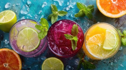 Colorful refreshing cocktails with lime, orange, and mint on ice