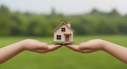 3D render of a miniature house being held gently between two hands, green nature background and soft focus edges