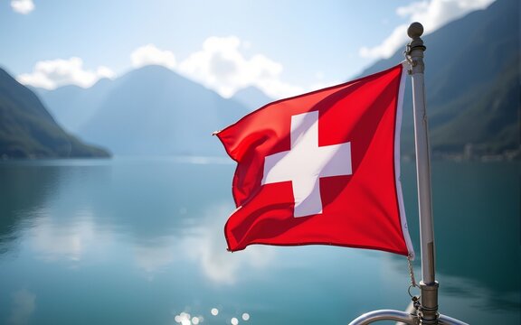 Waving red Swiss flag on the mast of a ship. Boat trip or cruise on lake in Switzerland. Swiss National Day. Travel, vacation and tourism concept. High quality