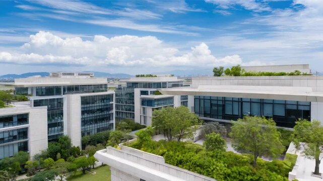 Modern Architectural Marvels: A sprawling complex of contemporary buildings set against a backdrop of azure skies and verdant green spaces, portraying modern architectural innovation.