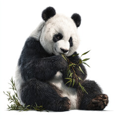 giant panda sitting and eating bamboo, high detail fur, isolated on white background.