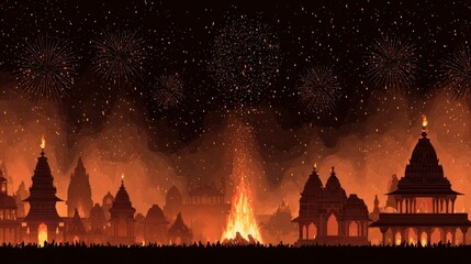 Crowd celebrating Holi festival with fireworks over Varanasi cityscape