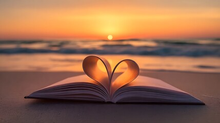 Romantic Heart-Shaped Book Pages at Ocean Sunset with Colorful Sky and Gentle Waves Creating a Warm, Dreamy Coastal Moment