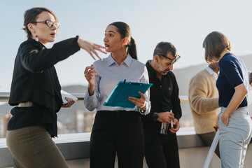 A diverse group of business people engaged in a lively discussion on a rooftop terrace, emphasizing...