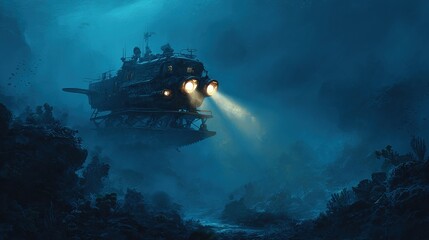 In this deep-sea exploration scene, a high-tech submarine emits a bright searchlight, illuminating a mysterious ancient shipwreck covered in vibrant coral.