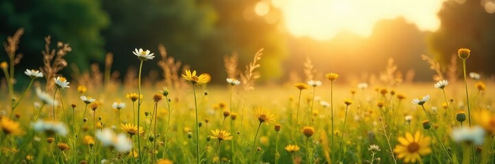 Fototapeta premium Sun-drenched meadow, wildflowers blooming, tall grass swaying gently in a nostalgic summer breeze A scene of peaceful, bygone outdoor beauty , day, golden hour